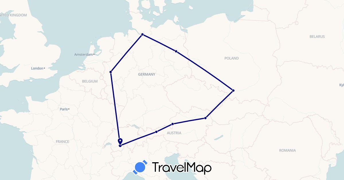 TravelMap itinerary: driving in Austria, Switzerland, Germany, Poland (Europe)
